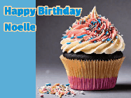 Happy Birthday Noelle GIF: Sparkles fly past in this animated birthday gif showing a cupcake and up to 4 lines of birthday gretting to customize.