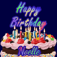 Happy Birthday Noelle GIF: A dark blue birthday gif with a beautiful cake with flickering candles, background sparkles and a name to customize.