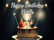 Happy Birthday Noelle GIF: Animated birthday cake gif with sparklers on a dark background. Personalize up to 3 lines of text.