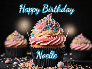 Happy Birthday Noelle GIF: A delicious cupcake gif with animated sparkles reading Happy Birthday with a name to customize