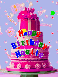 Happy Birthday Noelle GIF: A big beautiful birthday cake gif with falling confetti, sparklers, and balloons, reads Happy Birthday Name. Customize it.