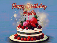 Happy Birthday Noelle GIF: Animated GIF of a birthday cake covered in berries with 2 sparklers and a candle, reads Happy Birthday Name. Customize it.