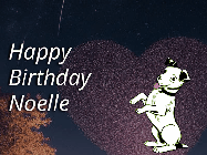 Happy Birthday Noelle GIF: Happy Birthday GIF at night with a cute drawn dog, floating balloons, and a shooting star in front of a heart shaped star formation.