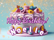 Happy Birthday Noelle GIF: A beautiful birthday cake gif with animated sparkles and glitter Happy Birthday Name you can customize