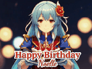 Happy Birthday Noelle GIF: Anime girl holding a birthday cake and an animated sword falls into it. Text reads Happy Birthday Customize