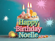 Happy Birthday Noelle GIF: A colorful animated Happy Birthday Cake GIF with swirling sparkles and flickering candles. It reads Happy Birthday Name