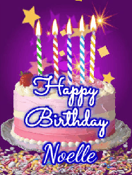 Happy Birthday Noelle GIF: Happy birthday animated gif of a brightly lit birthday cake, birthday candles, and falling confetti. Customize name.