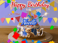 Happy Birthday Noelle GIF: Happy Birthday Cake GIF with a cat, lamb, and squirrel on the cake with flickering candles, a sparkler, and falling confetti. Reads Happy Birthday Name and you can customize the name
