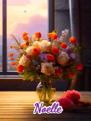 Happy Birthday Noelle GIF: A vase of flowers and animated hearts pop in and out as the words Happy Birthday Name appears that you can customize