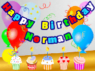 Happy Birthday Norman GIF: Animated happy birthday gif with a party balloon background, a row of cupcakes, and birthday banner to customize.