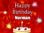 Happy Birthday Norman GIF: A bright red happy birthday gif animated with a cake candle, and glitter and sparkles. Customize with name.