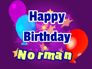 Happy Birthday Norman GIF: A lovely purple birthday gif animated with moving text, a balloon, and bubbles. Customize it.