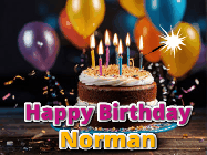 Happy Birthday Norman GIF: A birthday cake with flickering candles gif with text reading Happy Birthday and a Name slot to customize