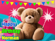 Happy Birthday Norman GIF: A cute birthday teddy bear animated birthday gif with the bear holding sparklers and text to customize.