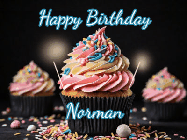 Happy Birthday Norman GIF: A delicious cupcake gif with animated sparkles reading Happy Birthday with a name to customize
