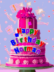 Happy Birthday Norman GIF: A big beautiful birthday cake gif with falling confetti, sparklers, and balloons, reads Happy Birthday Name. Customize it.