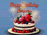 Happy Birthday Norman GIF: Animated GIF of a birthday cake covered in berries with 2 sparklers and a candle, reads Happy Birthday Name. Customize it.