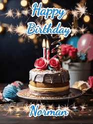 Happy Birthday Norman GIF: Sparkles and glitter happy birthday gif with a cake and flickering candles and sparklers behind the words happy birthday customize