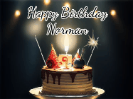 Happy Birthday Norman GIF: Animated birthday cake gif with sparklers on a dark background. Personalize up to 3 lines of text.