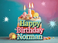 Happy Birthday Norman GIF: A colorful animated Happy Birthday Cake GIF with swirling sparkles and flickering candles. It reads Happy Birthday Name