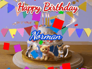 Happy Birthday Norman GIF: Happy Birthday Cake GIF with a cat, lamb, and squirrel on the cake with flickering candles, a sparkler, and falling confetti. Reads Happy Birthday Name and you can customize the name