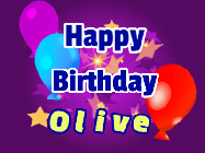 Happy Birthday Olive GIF: A lovely purple birthday gif animated with moving text, a balloon, and bubbles. Customize it.