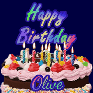 Happy Birthday Olive GIF: A dark blue birthday gif with a beautiful cake with flickering candles, background sparkles and a name to customize.