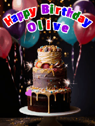 Happy Birthday Olive GIF: Beautiful birthday cake animated gif, a celebration of balloons, confetti, and sparklers. Customize banner and name.