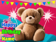Happy Birthday Olive GIF: A cute birthday teddy bear animated birthday gif with the bear holding sparklers and text to customize.
