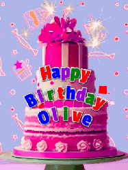 Happy Birthday Olive GIF: A big beautiful birthday cake gif with falling confetti, sparklers, and balloons, reads Happy Birthday Name. Customize it.