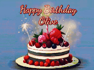 Happy Birthday Olive GIF: Animated GIF of a birthday cake covered in berries with 2 sparklers and a candle, reads Happy Birthday Name. Customize it.