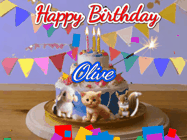 Happy Birthday Olive GIF: Happy Birthday Cake GIF with a cat, lamb, and squirrel on the cake with flickering candles, a sparkler, and falling confetti. Reads Happy Birthday Name and you can customize the name
