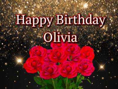 Happy Birthday Olivia animated GIF with colorful bubbles rising and cheerful text