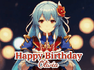 Happy Birthday Olivia GIF: Anime girl holding a birthday cake and an animated sword falls into it. Text reads Happy Birthday Customize