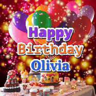 Happy Birthday Olivia GIF: Animated happy birthday gif on a bright red glittery background and 3 lines of text reading Happy Birthday Customize