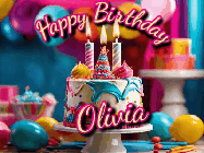 Happy Birthday Olivia GIF: Animated birthday gif with a beautiful colorful birthday can and sparkles in the air. It reads Happy Birthday Customize.