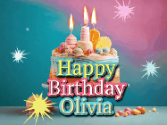 Happy Birthday Olivia GIF: A colorful animated Happy Birthday Cake GIF with swirling sparkles and flickering candles. It reads Happy Birthday Name