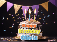Happy Birthday Olivia GIF: Happy birthday cake animated gif with flickering candles, animated text, and falling confetti. Customize text reading Happy Birthday Customize.