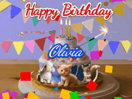Happy Birthday Olivia GIF: Happy Birthday Cake GIF with a cat, lamb, and squirrel on the cake with flickering candles, a sparkler, and falling confetti. Reads Happy Birthday Name and you can customize the name