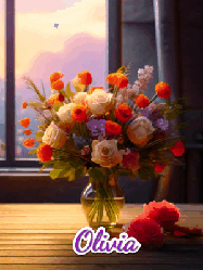 Happy Birthday Olivia GIF: A vase of flowers and animated hearts pop in and out as the words Happy Birthday Name appears that you can customize
