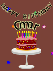 Happy Birthday Omar GIF: Animated birthday gif of a chocolate cartoon cake and stars. Animated text can be customized with name.