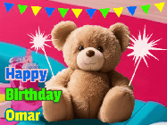 Happy Birthday Omar GIF: A cute birthday teddy bear animated birthday gif with the bear holding sparklers and text to customize.