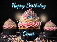 Happy Birthday Omar GIF: A delicious cupcake gif with animated sparkles reading Happy Birthday with a name to customize