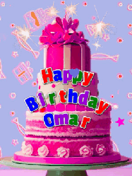Happy Birthday Omar GIF: A big beautiful birthday cake gif with falling confetti, sparklers, and balloons, reads Happy Birthday Name. Customize it.