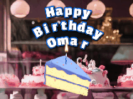 Happy Birthday Omar GIF: A cake shop background with a slice of cake and animated candle reading Happy Birthday Customize.