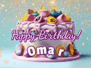 Happy Birthday Omar GIF: A beautiful birthday cake gif with animated sparkles and glitter Happy Birthday Name you can customize