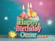 Happy Birthday Omar GIF: A colorful animated Happy Birthday Cake GIF with swirling sparkles and flickering candles. It reads Happy Birthday Name