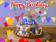 Happy Birthday Omar GIF: Happy Birthday Cake GIF with a cat, lamb, and squirrel on the cake with flickering candles, a sparkler, and falling confetti. Reads Happy Birthday Name and you can customize the name