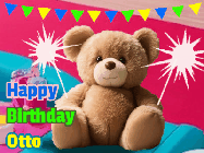 Happy Birthday Otto GIF: A cute birthday teddy bear animated birthday gif with the bear holding sparklers and text to customize.