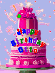 Happy Birthday Otto GIF: A big beautiful birthday cake gif with falling confetti, sparklers, and balloons, reads Happy Birthday Name. Customize it.